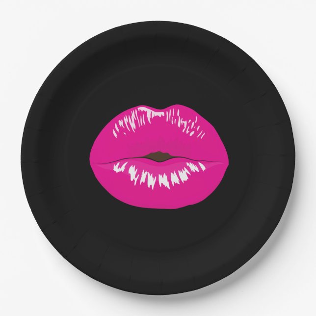 Hot Pink Shiny Lips on Black Paper Plate (Front)