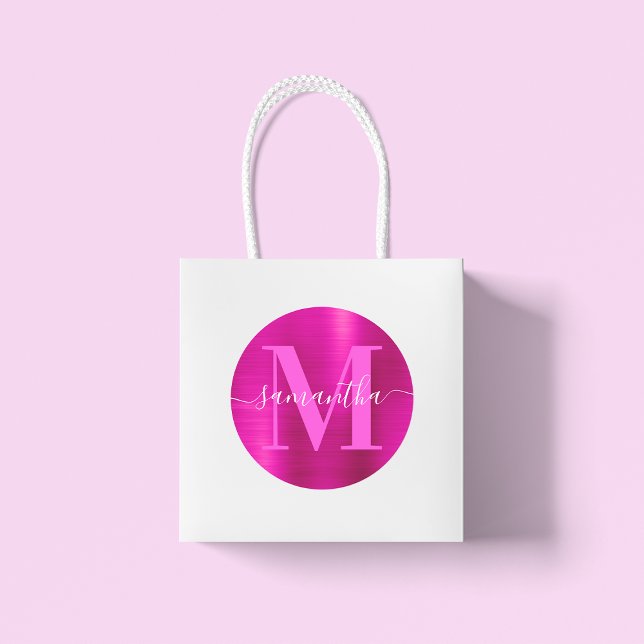 Hot Pink Signature Monogram Foil Classic Round Sticker (Large Round Favor Stickers)