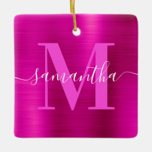 Hot Pink Signature Monogram Foil Photo Ceramic Ornament