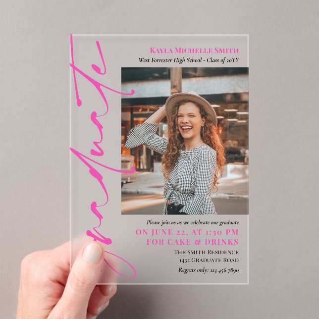 Hot Pink Signature Script Photo Graduation Party Acrylic Invitations (Insitu (Handheld))