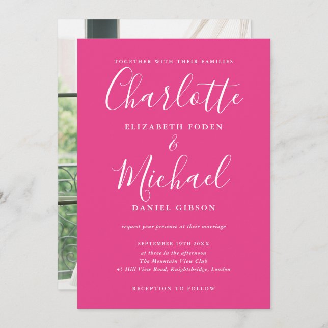 Hot Pink Signature Script Photo Wedding Invitation (Front/Back)