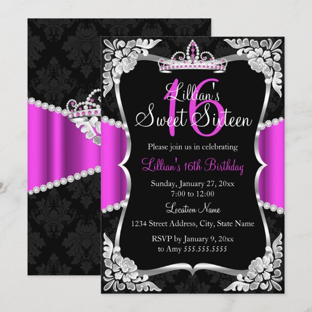 Hot Pink Silver Black Tiara Sweet 16 Invitation (Front/Back)