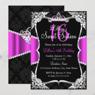 Hot Pink Silver Black Tiara Sweet 16 Invitation