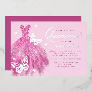 Hot Pink Silver Butterfly Dress Quinceanera
