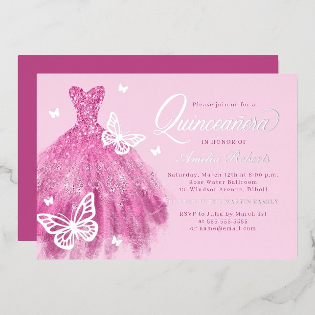 Hot Pink Silver Butterfly Dress Quinceanera  (Front/Back)