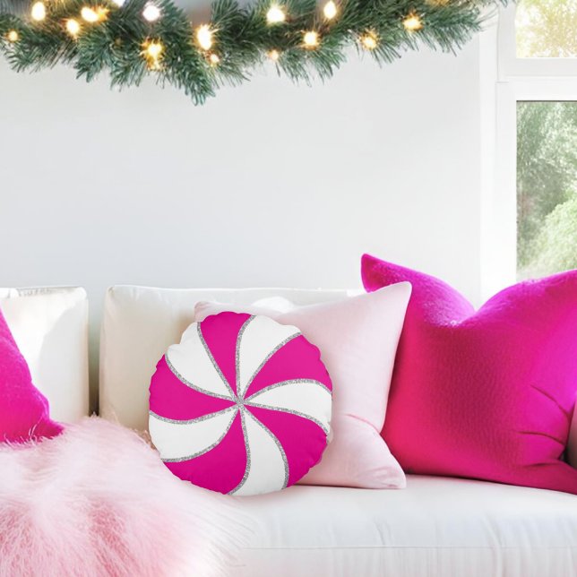 Hot Pink & Silver Candy Cane Stripe & Peppermint  Round Cushion (Creator Uploaded)