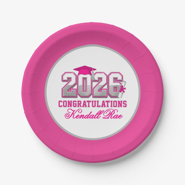 Hot Pink & Silver Class of 2026 Graduation Paper Plate (Front)