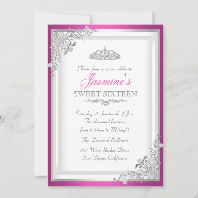 Hot Pink Silver Damask & Tiara Sweet 16 Invitation (Front)