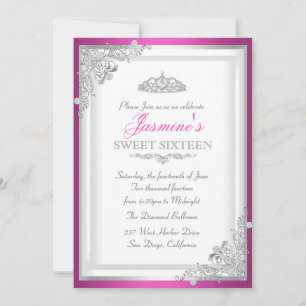 Hot Pink Silver Damask & Tiara Sweet 16 Invitation