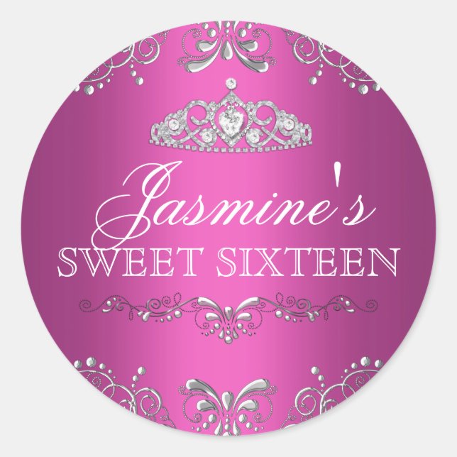 Hot Pink Silver Damask & Tiara Sweet 16 Sticker (Front)