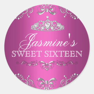 Hot Pink Silver Damask & Tiara Sweet 16 Sticker