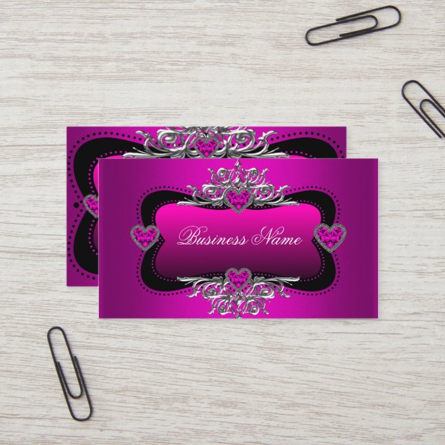 Hot Pink Silver Diamond Hearts Elegant Business Business Card (Front/Back In Situ)