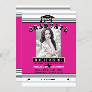 Hot Pink Silver Elegant Photo Graduation Party Invitation