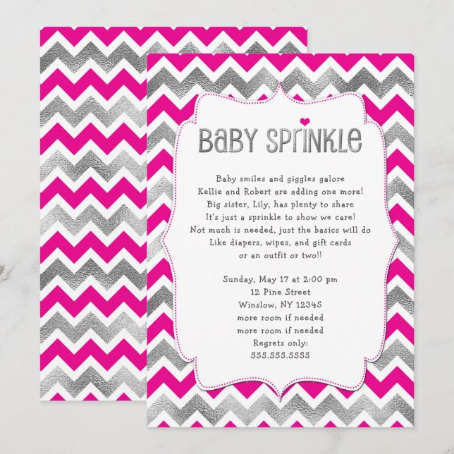Hot Pink Silver Girl Baby Sprinkle invitations (Front/Back)