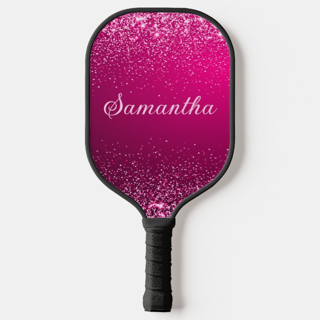 Hot Pink Silver Glitter Name Script Pickleball Paddle (Back)
