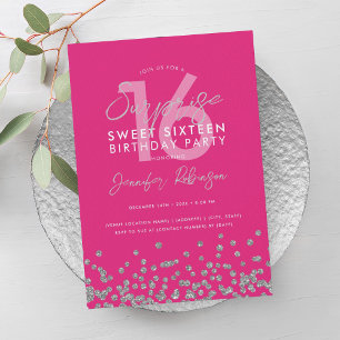 Hot Pink Silver Glitter Surprise Sweet 16  Invitation