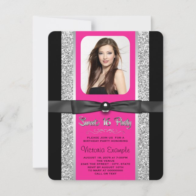 Hot Pink Silver Glitter Sweet 16 Party Invitation (Front)