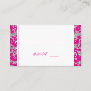 Hot Pink Silver Glitter Swirl Damask Place Card