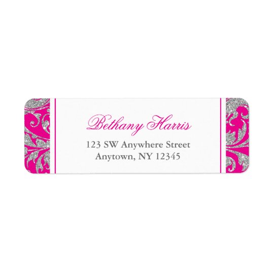 Hot Pink Silver Glitter Swirl Damask Return Address Label