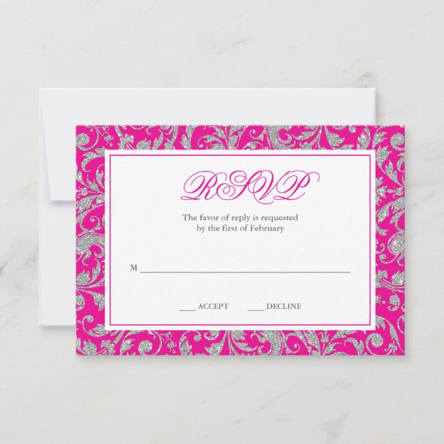Hot Pink Silver Glitter Swirl Damask RSVP (Front)