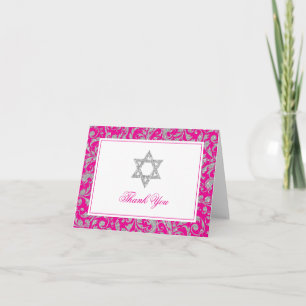 Hot Pink Silver Glitter Swirl Damask Thank You Card