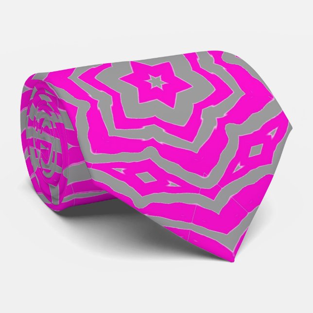 Hot Pink Silver Grey Floral Star Pattern Tie (Rolled)