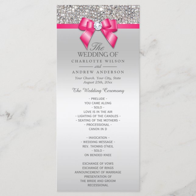 Hot Pink Silver Sequin Diamond Bow Wedding Program Programme (Front)