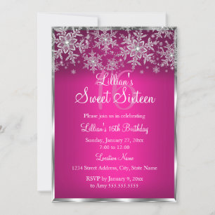 Hot Pink Silver Snowflake Sweet 16 Invitation