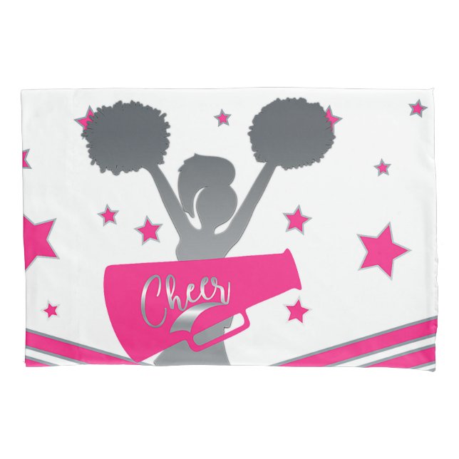 Hot Pink & Silver Stars Cheer Cheer-leading Girls Pillowcase (Front)
