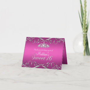 Hot Pink & Silver Tiara Sweet 16 Thank You Card