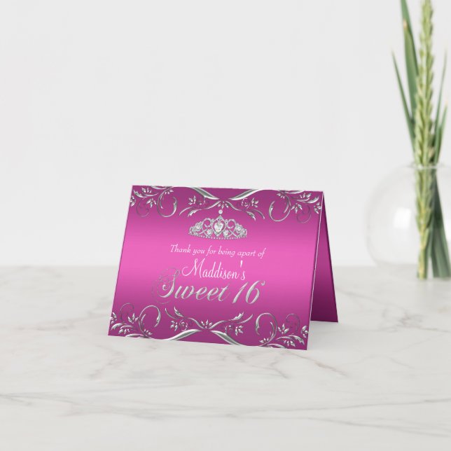 Hot Pink & Silver Tiara Sweet 16 Thank You Card (Front)