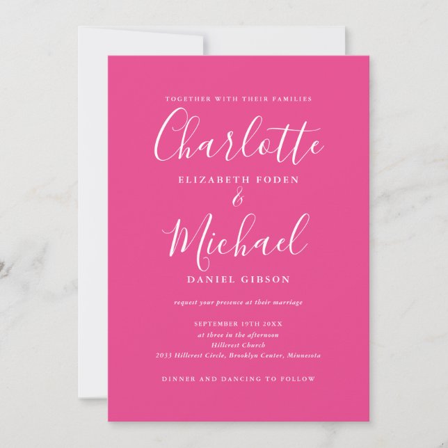 Hot Pink Simple All In One Chic Script Wedding Invitation (Front)