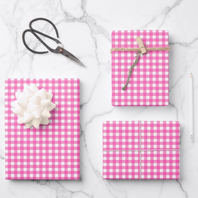 Hot Pink Simple Plaid Wrapping Paper Sheet (Front)