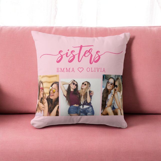 Hot Pink Sisters 3 Photo Collage Keepsake Gift Cushion (Creator Uploaded)