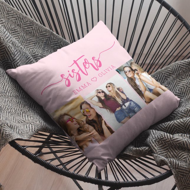 Hot Pink Sisters 3 Photo Collage Keepsake Gift Cushion (Creator Uploaded)