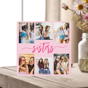 Hot Pink Sisters 6 Photo Collage Keepsake Gift Plaque