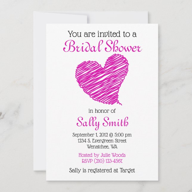 Hot Pink Sketchy Heart Bridal Shower Invitation (Front)