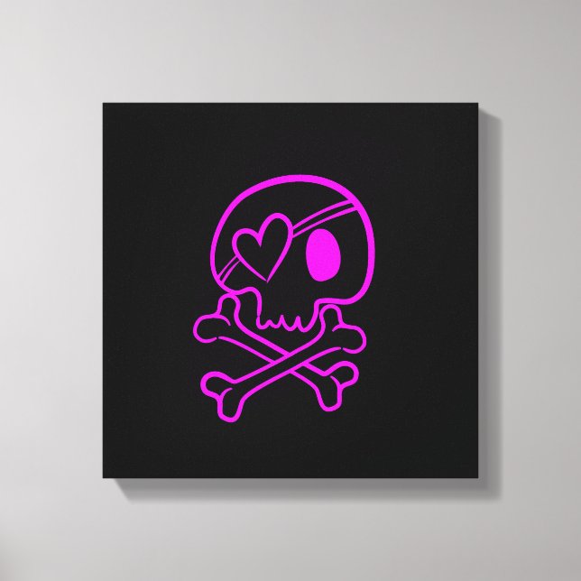 Hot Pink Skull and Crossbones on Black Canvas Print (Front)