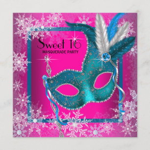 Hot Pink Snowflake Sweet 16 Masquerade Party Invitation