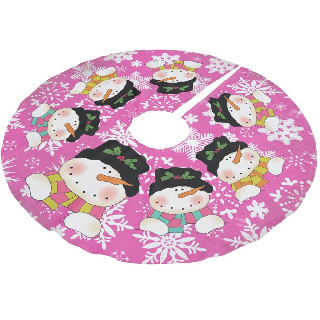 Hot Pink Snowflakes and Snowmen Holiday Tree Skirt (Angled)