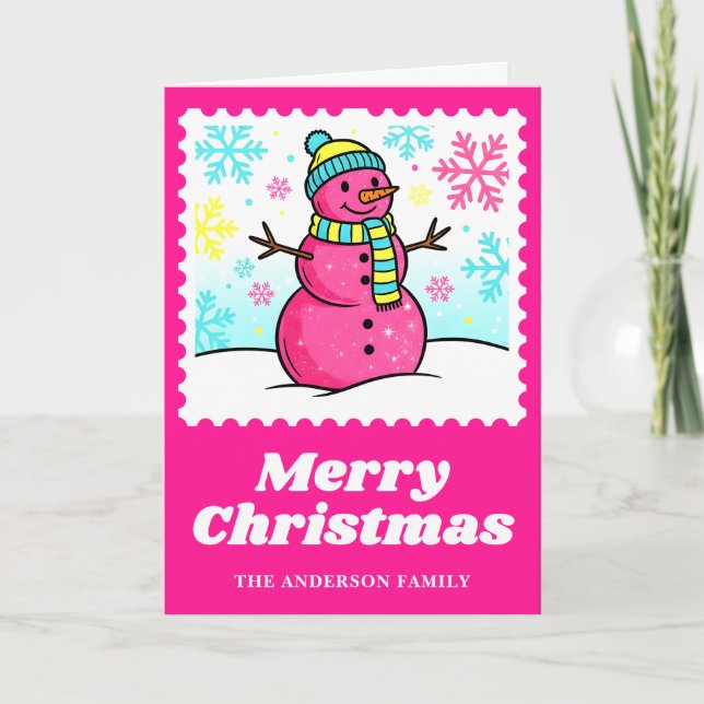 Hot Pink Snowman Christmas Postage Stamp Holiday Card (Front)