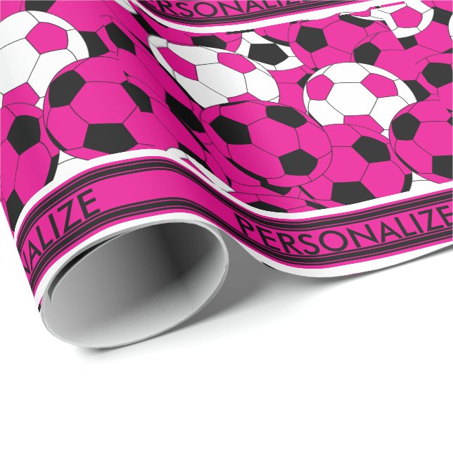 Hot Pink Soccer Ball Collage Wrapping Paper (Roll Corner)