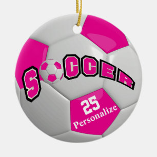 Hot Pink Soccer Ball   Personalise Ceramic Tree Decoration