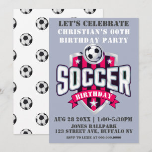 Hot Pink Soccer Theme Birthday Party Invitations 