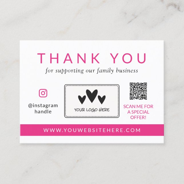 Hot Pink Social Media Logo QR Code Thank You Loyalty Card (Front)