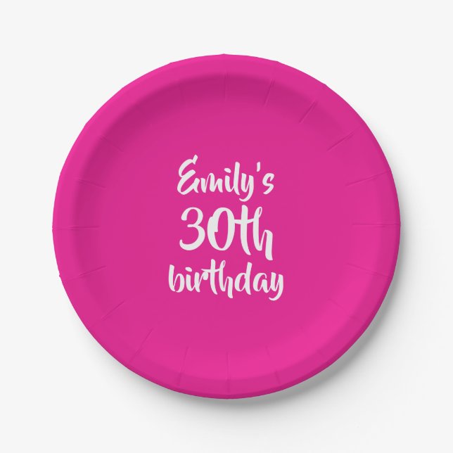 Hot Pink Solid Personalised Birthday Paper Plate (Front)