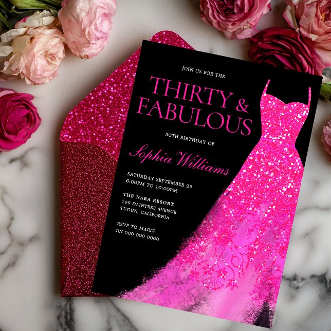 Hot Pink Sparkle Dress 30th Birthday Party Black Invitation (Creator Uploaded)