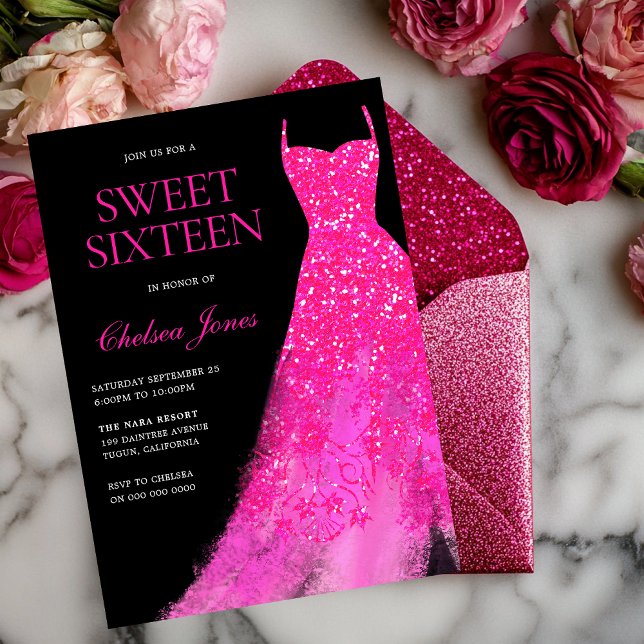 Hot Pink Sparkle Dress Girls Sweet 16 Party Invitation (Creator Uploaded)