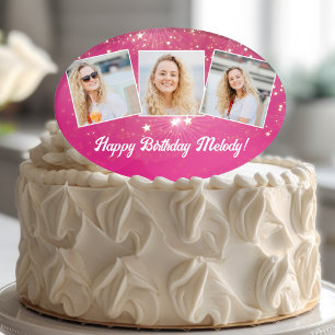 Hot Pink Sparkle Girls Photo Birthday Party Cake Pick