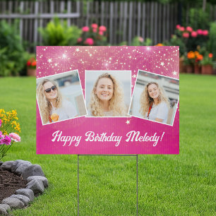 Hot Pink Sparkle Girls Photo Birthday Party Yard Garden Sign